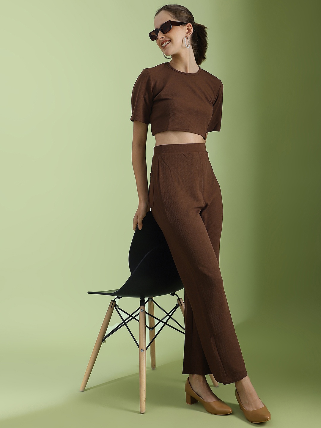 

Selvia Self Design Round-Neck Top With Flared Trousers Co-Ords, Brown