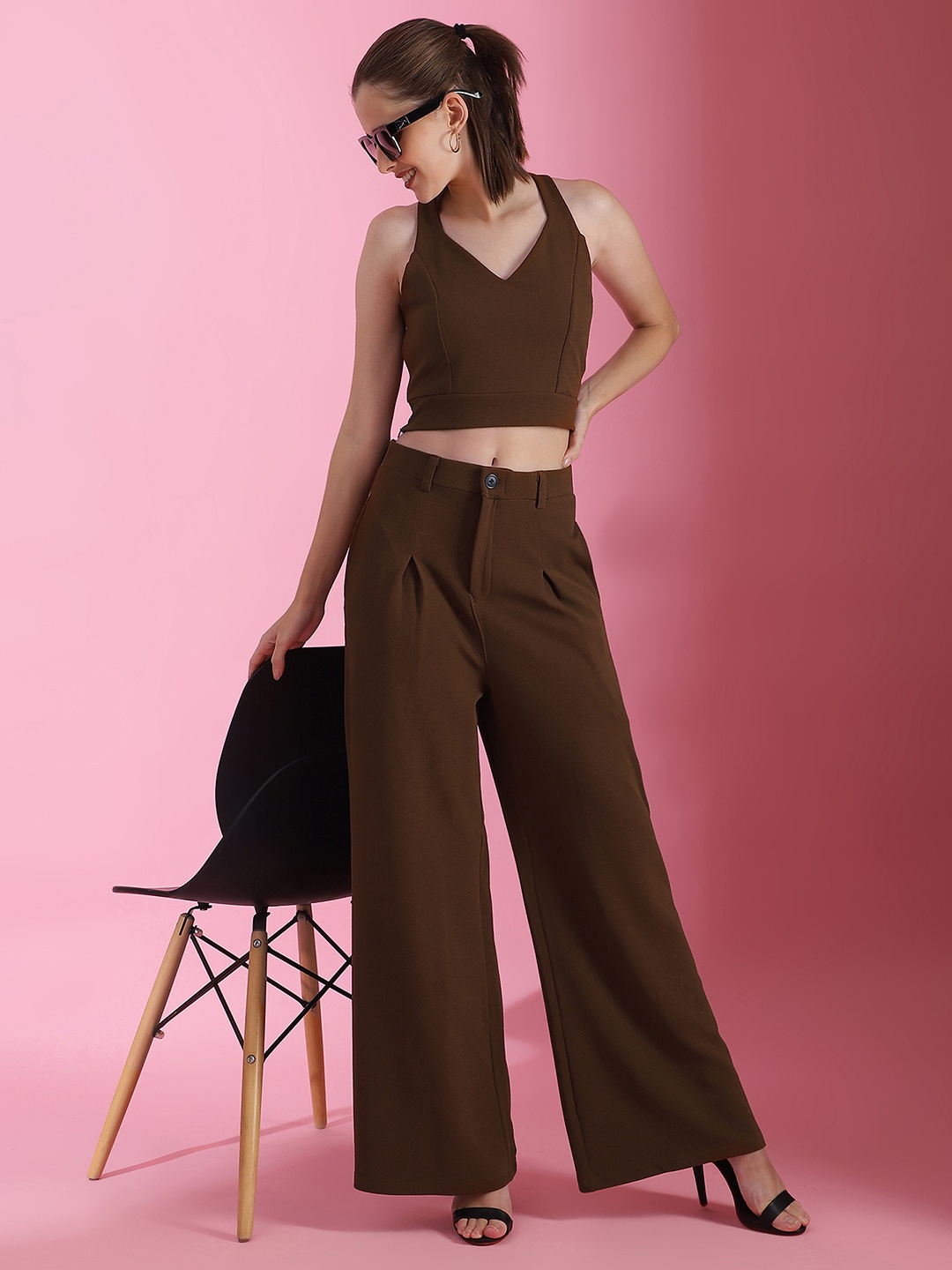 

Selvia Self Design V-Neck Top & Flared Trouser Co-Ords, Brown