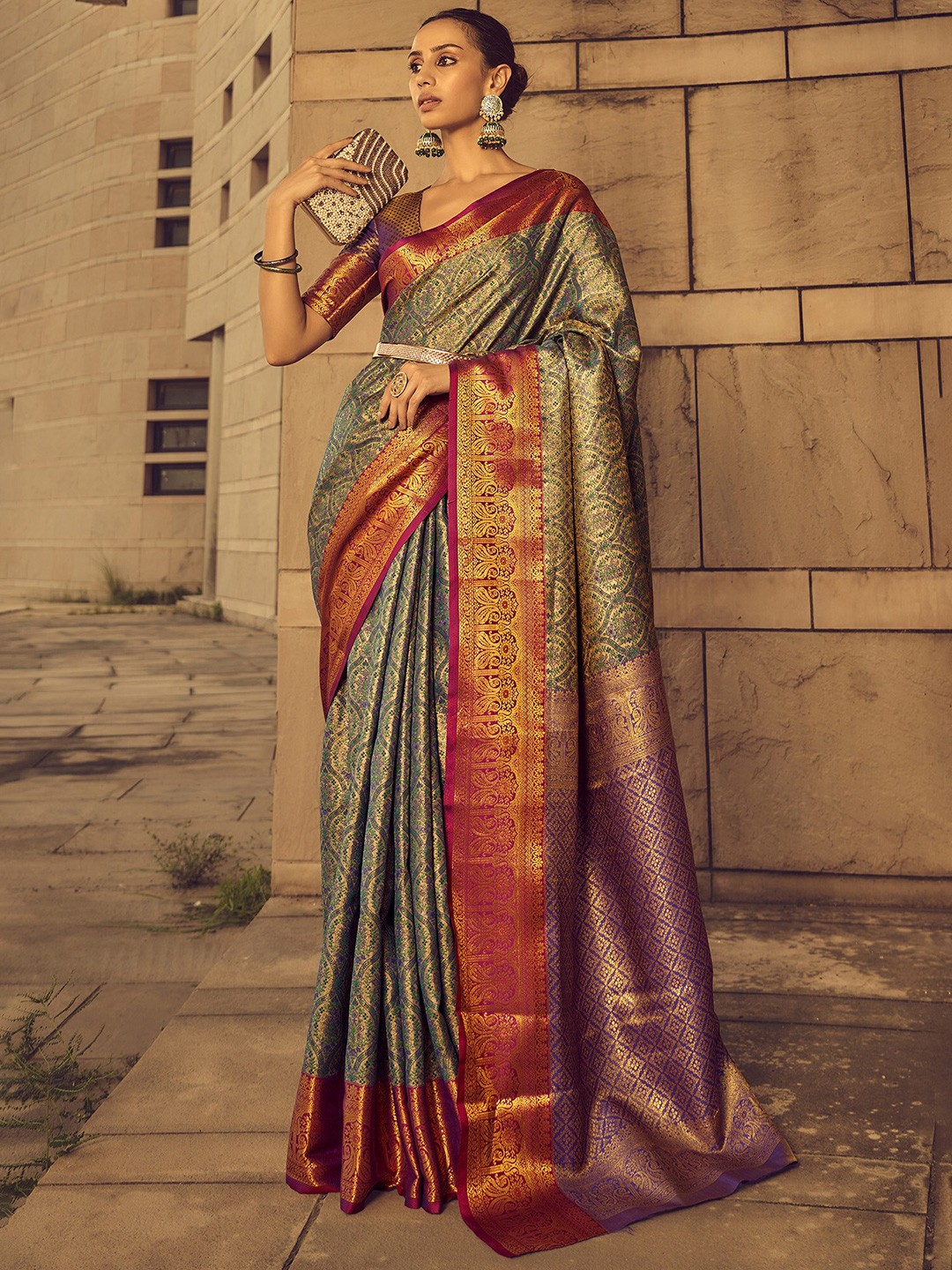 elora Woven Design Zari Brocade Banarasi Saree, Green