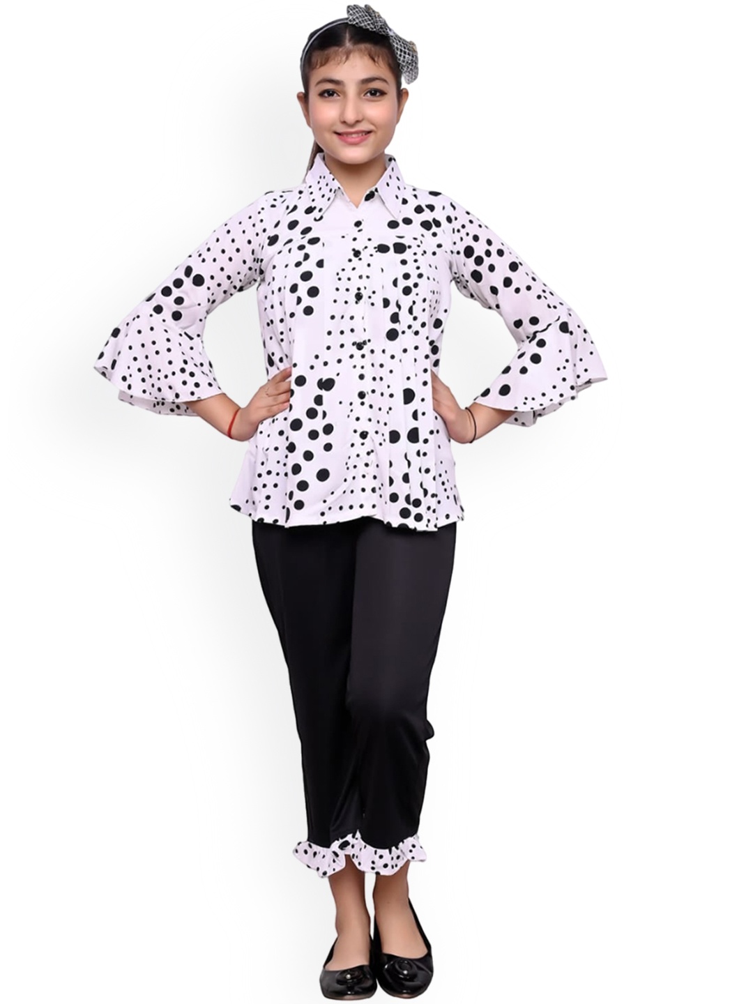 

FELLAMO girls shirt collar printed top with trousers clothing set, White