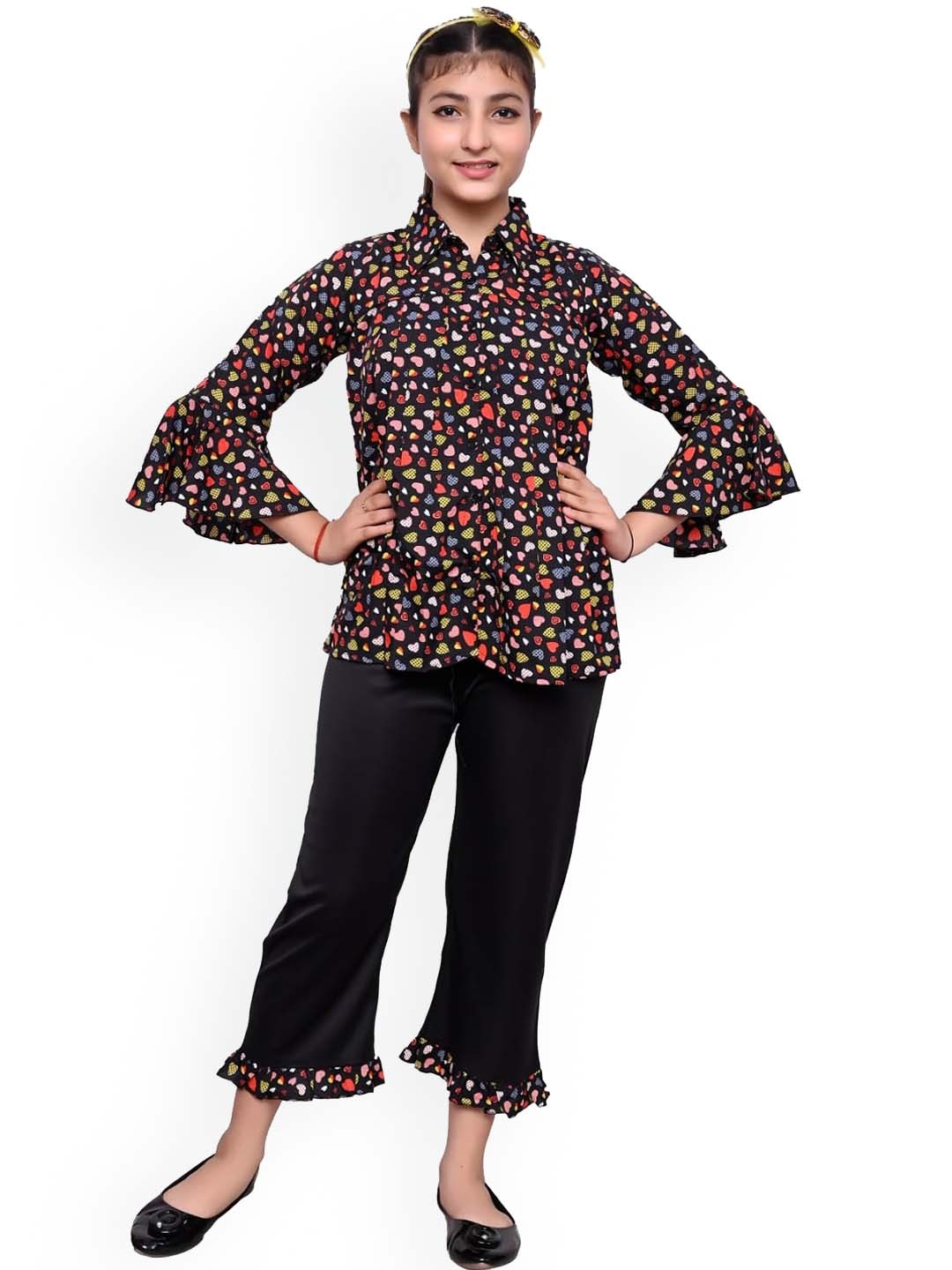 

FELLAMO -Girls Printed Three Quarter Sleeve Top & Solid Trouser Co-Ords, Black