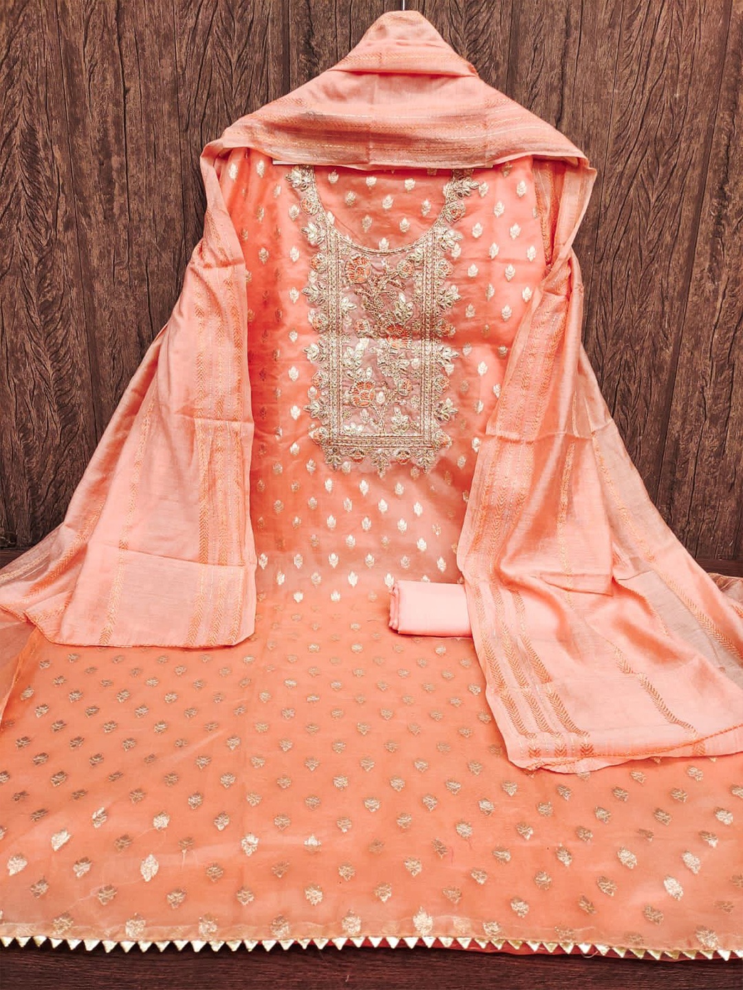 

LeeliPeeri Designer Embroidered Organza Unstitched Dress Material, Peach
