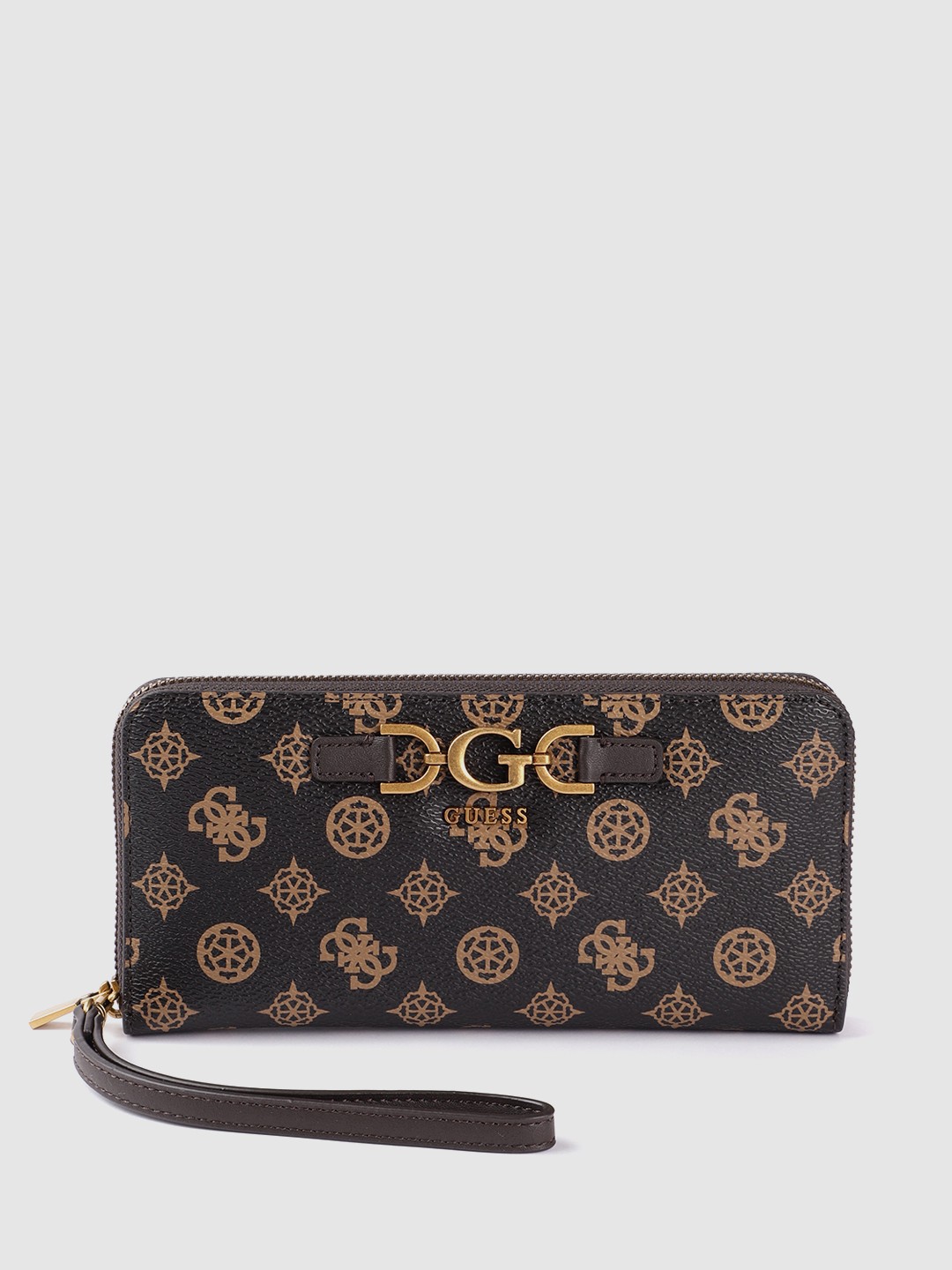 

GUESS Women Brand Logo Printed PU Zip Around Wallet, Coffee brown