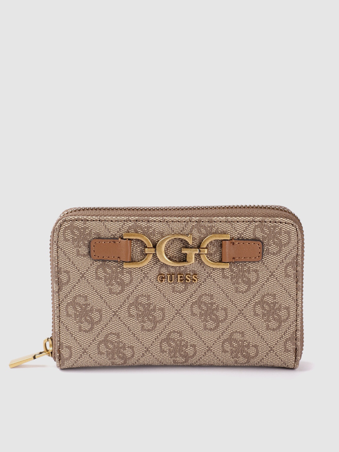 

GUESS Women Brand Logo Printed Buckle Detail PU Zip Around Wallet, Beige