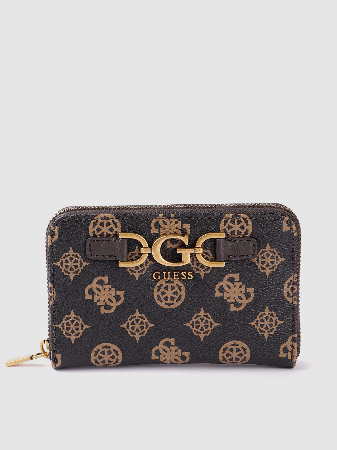 

GUESS Women Brand Logo Printed Buckle Detail PU Zip Around Wallet, Coffee brown