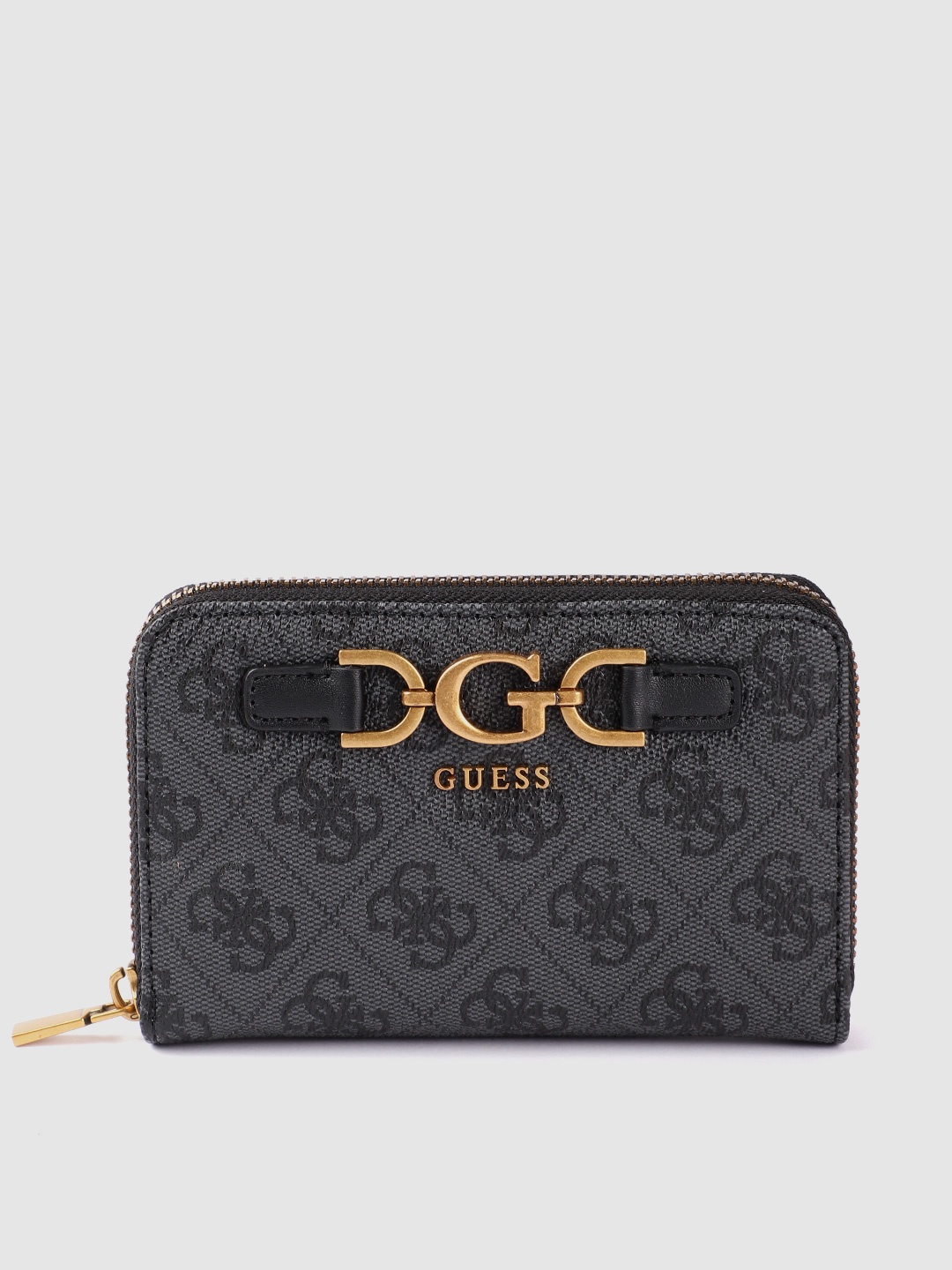 

GUESS Women Brand Logo Printed Buckle Detail PU Zip Around Wallet, Charcoal