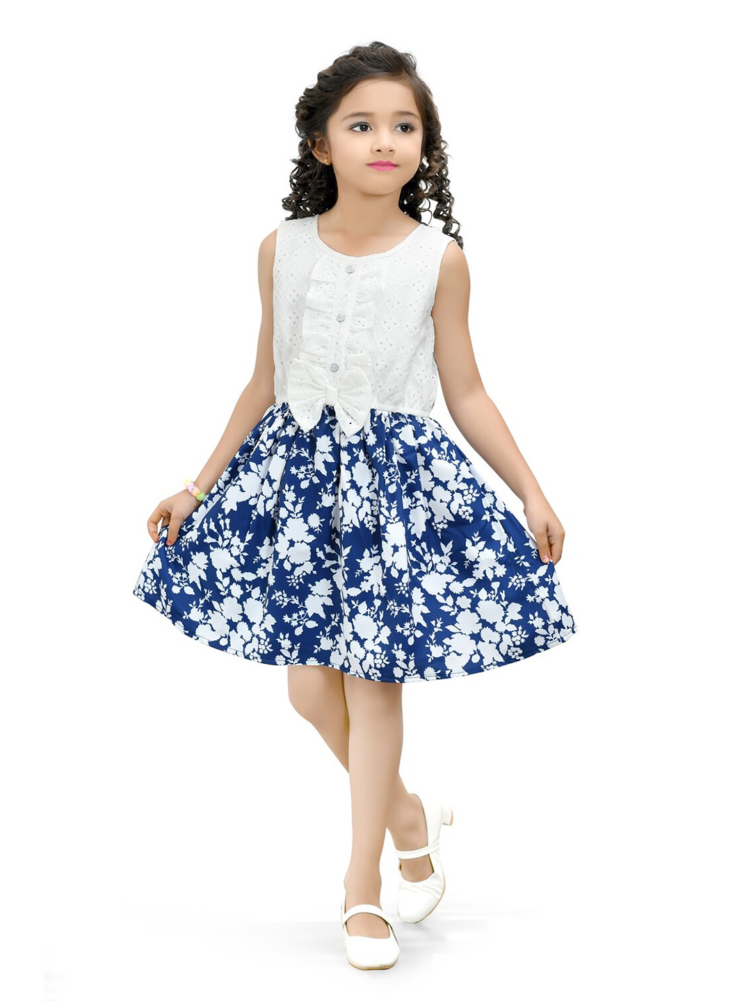 

Doodle Girls Floral Printed Lace Fit & Flare Dress With Bow, Navy blue