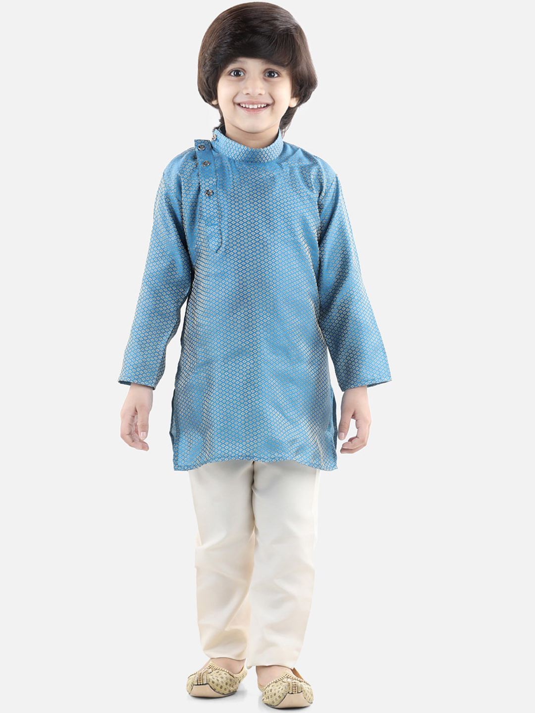 

BownBee Boys woven Design Mandarin Collar Long Sleeves Kurta with Pyjama, Blue