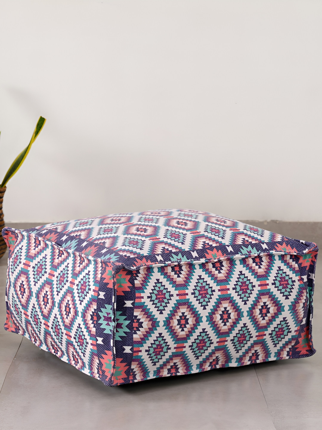 

HANDICRAFT PALACE Purple & White Geometric Printed Cotton Square Ottoman