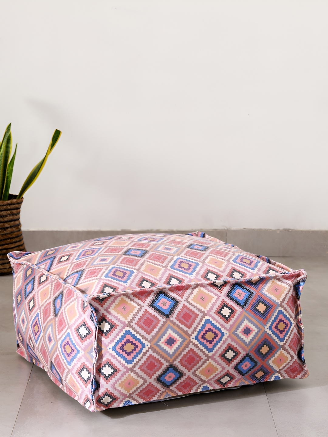 

HANDICRAFT PALACE Pink & Blue Geometric Printed Cotton Square Ottoman