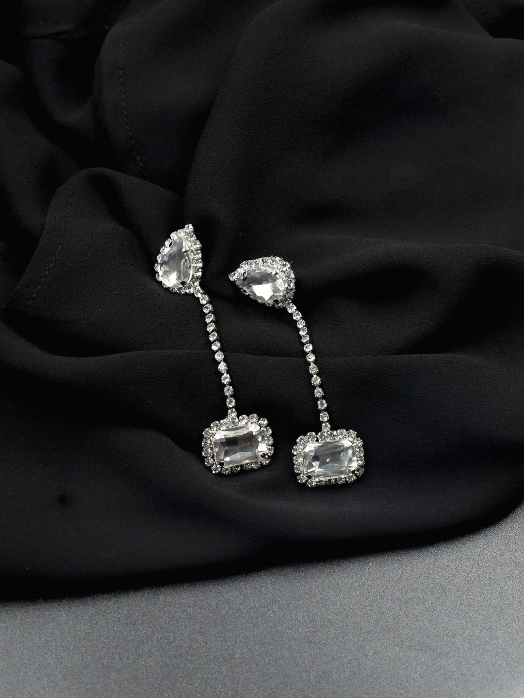 

ISHKAARA Artificial Stones Rhodium Plated Drop Earrings, Silver
