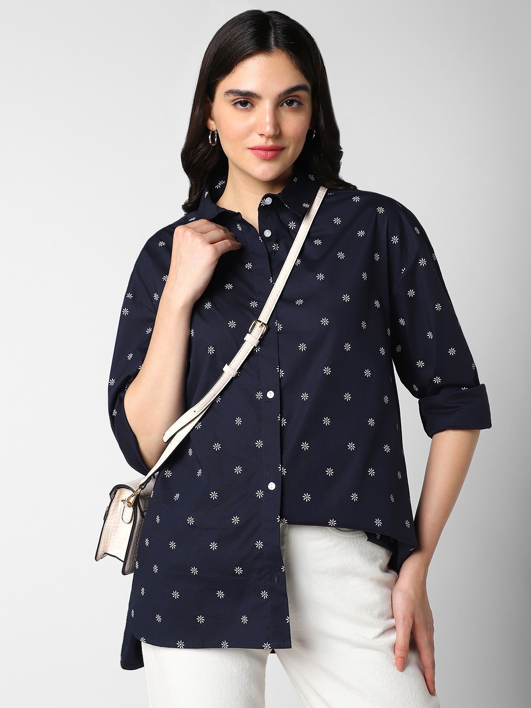 

VASTRADO Classic Floral Printed Spread Collar Oversized Casual Shirt, Navy blue