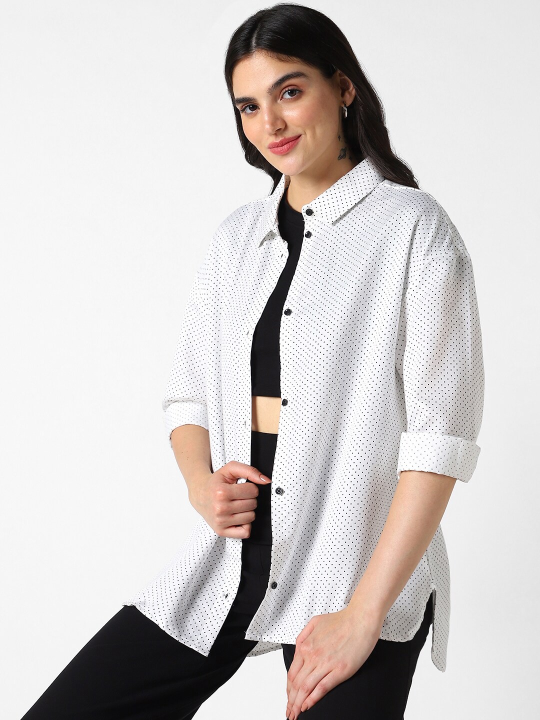 

VASTRADO Classic Polka Dots Printed Spread Collar Oversized Casual Shirt, White