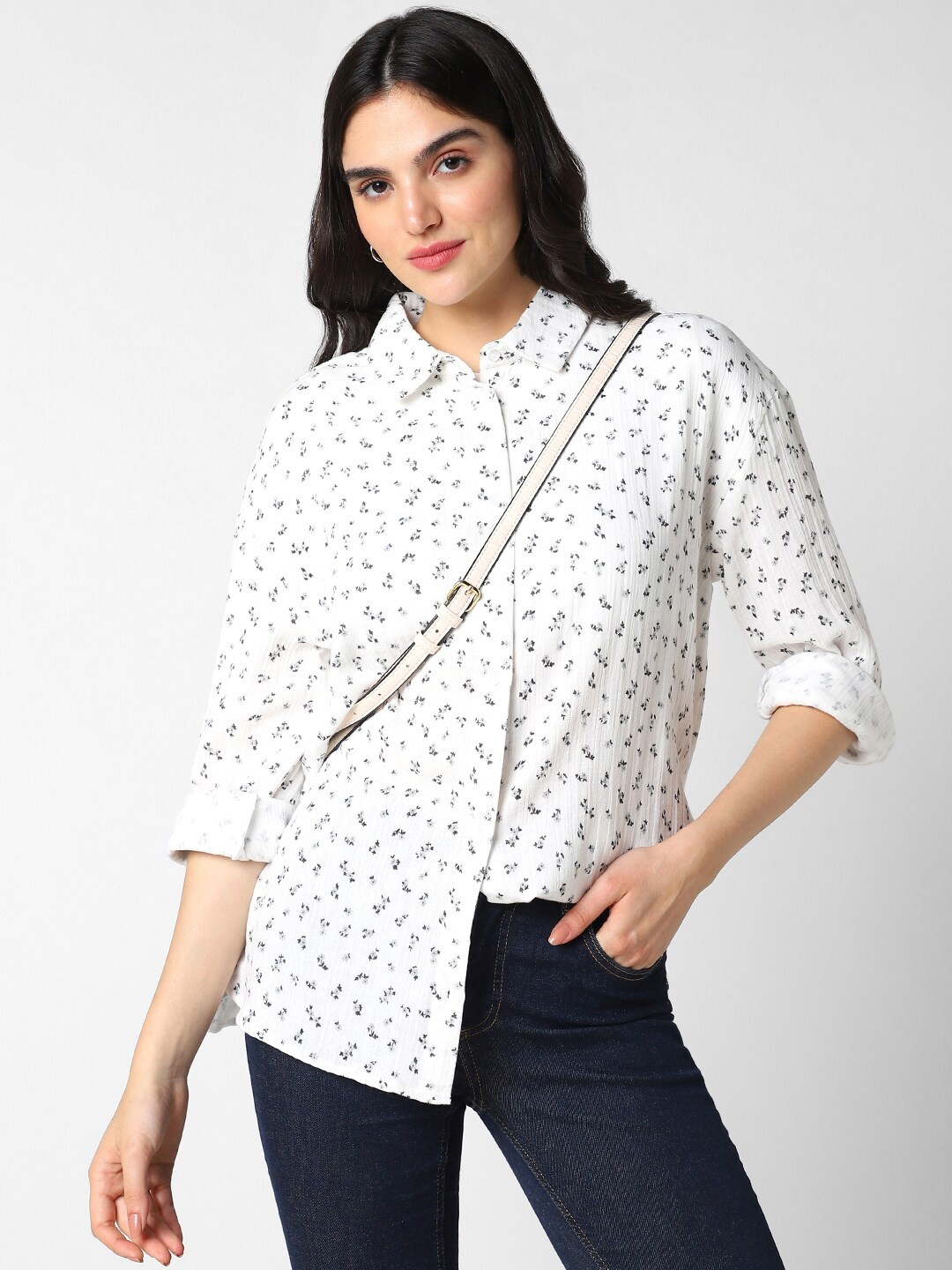 

VASTRADO Classic Floral Printed Spread Collar Oversized Casual Shirt, White