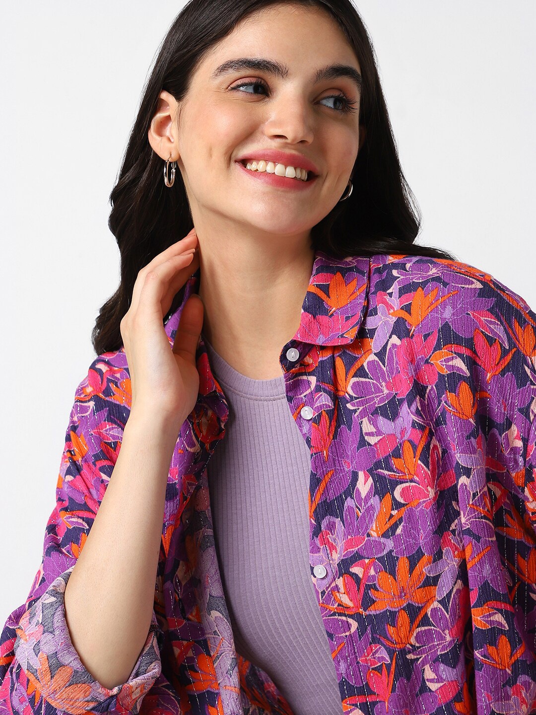 

VASTRADO Classic Floral Printed Spread Collar Oversized Casual Shirt, Purple