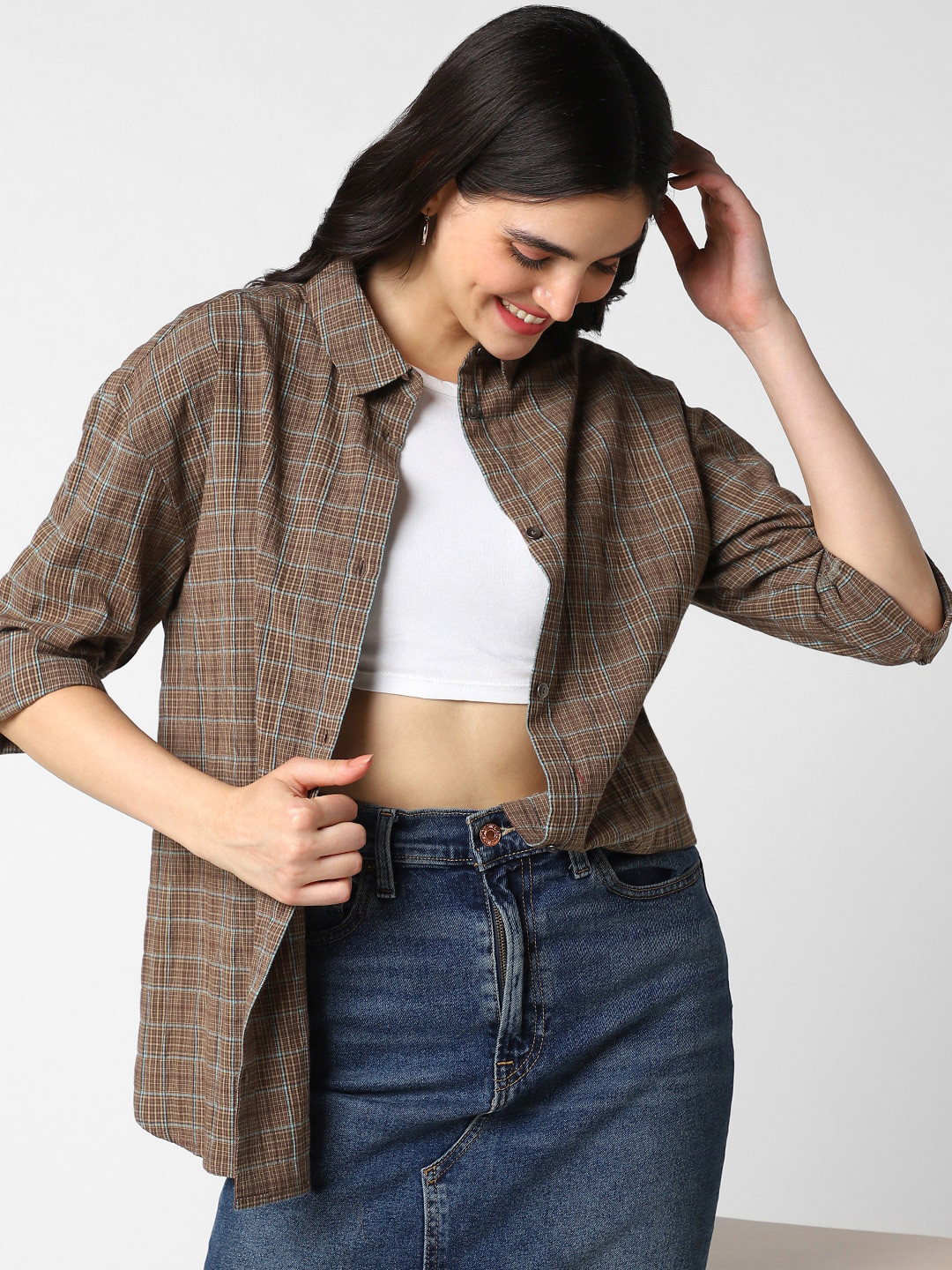 

VASTRADO Classic Tartan Checked Spread Collar Oversized Casual Shirt, Brown