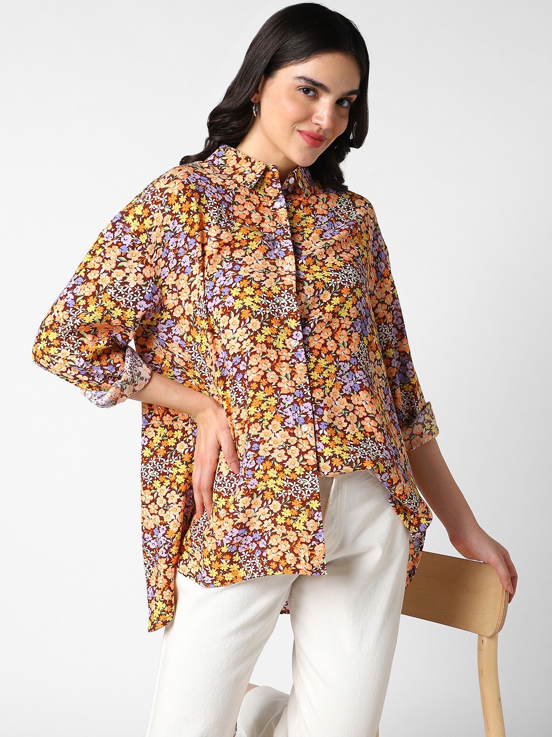 

VASTRADO Classic Floral Printed Spread Collar Oversized Casual Shirt, Yellow