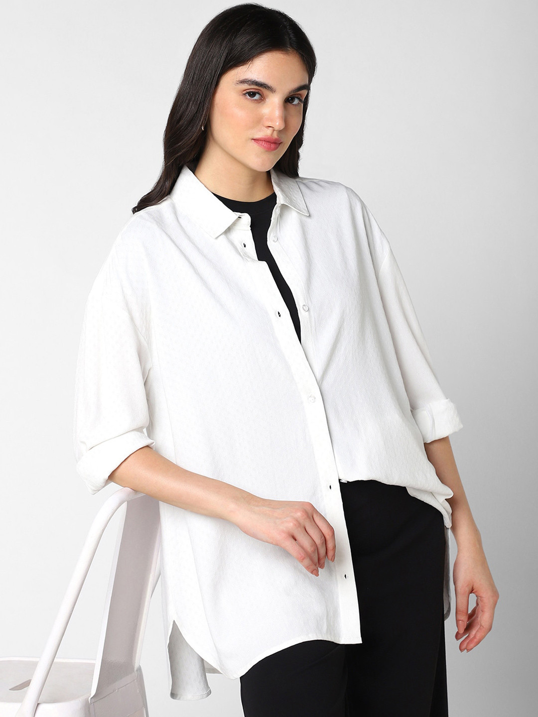 

VASTRADO Classic Oversized Textured Cotton Casual Shirt, White