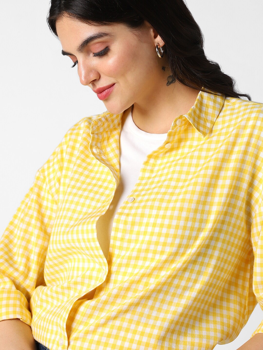 

VASTRADO Classic Gingham Checked Spread Collar Oversized Casual Shirt, Yellow