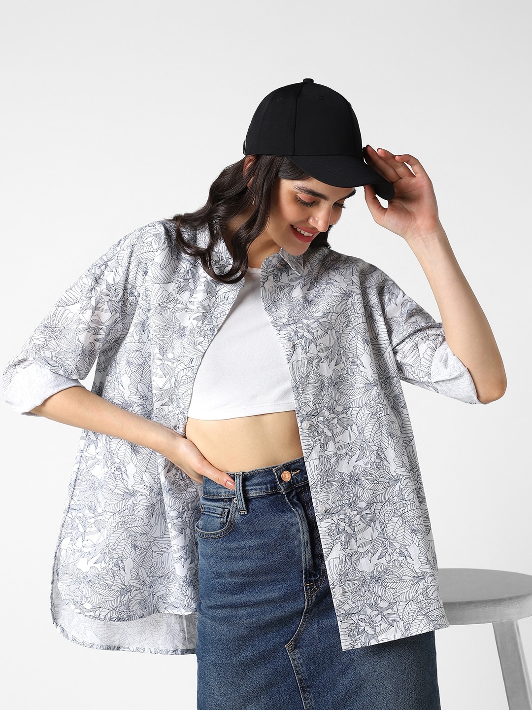 

VASTRADO Classic Floral Printed Spread Collar Oversized Casual Shirt, White