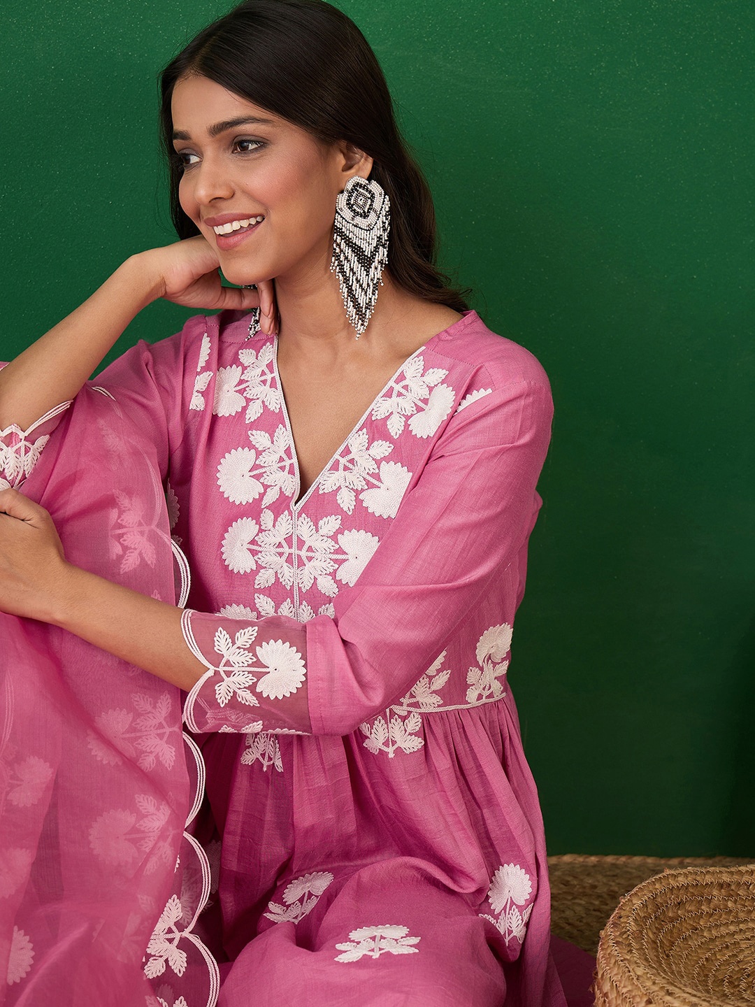 

Sangria Floral Embroidered V-Neck A-Line Kurta With Trousers & Dupatta, Pink