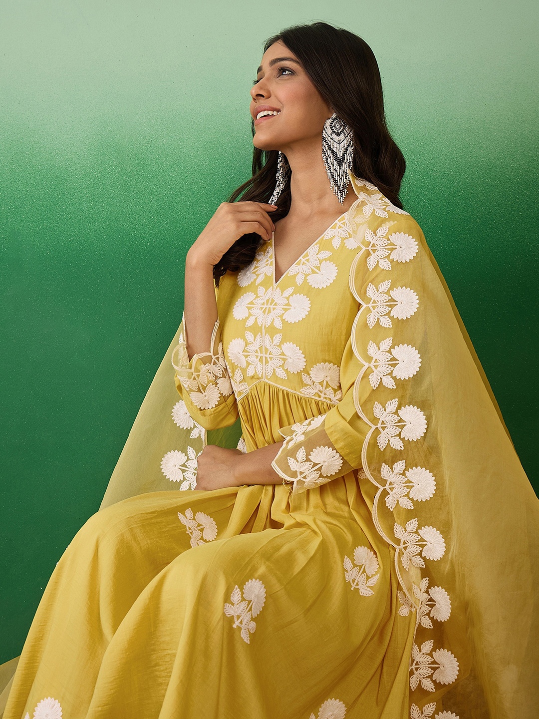 

Sangria Floral Embroidered V-Neck A-Line Kurta With Trouser & Dupatta, Yellow