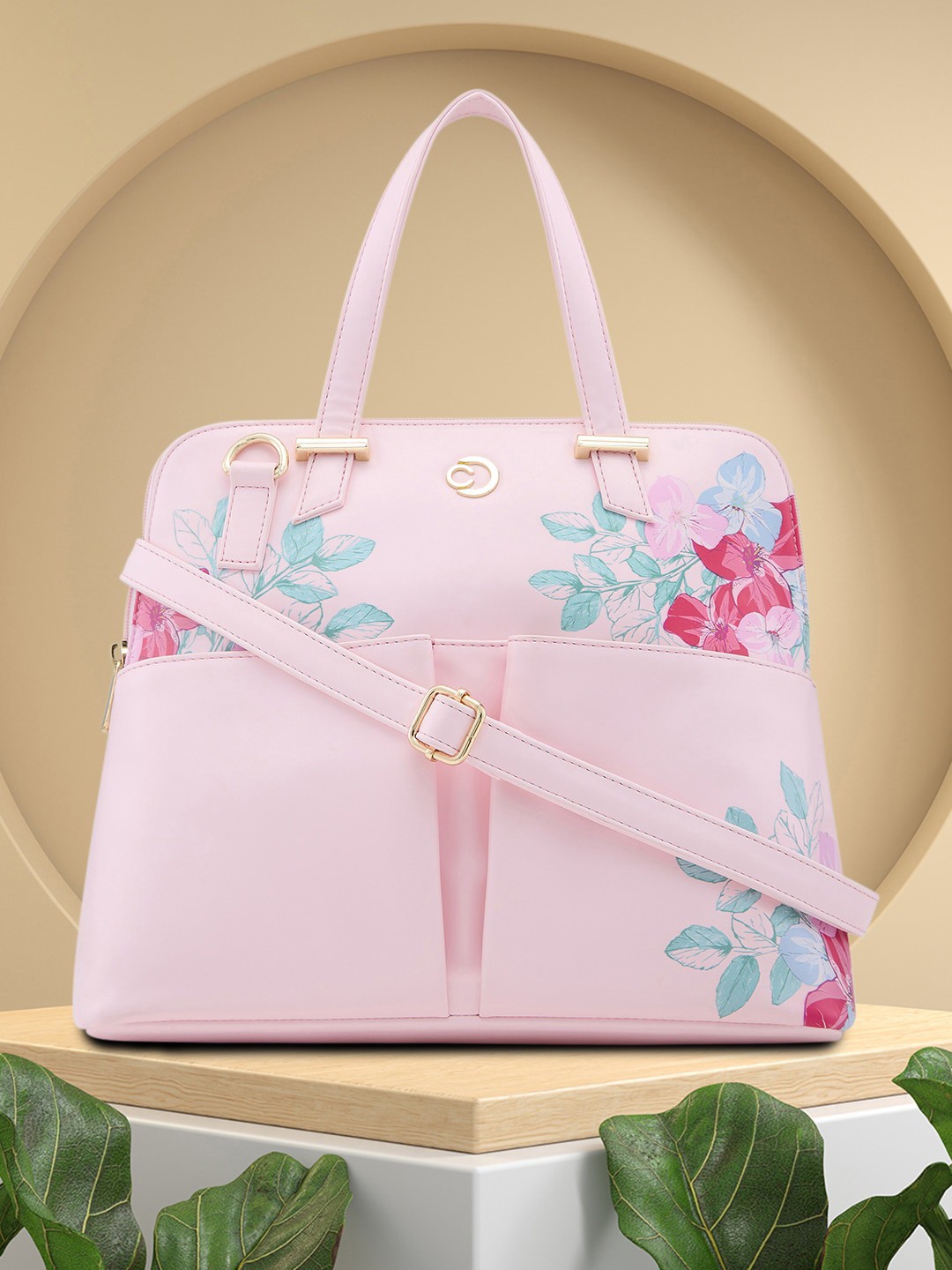 

Caprese Women Floral Printed PU Structured Handheld Bag, Pink