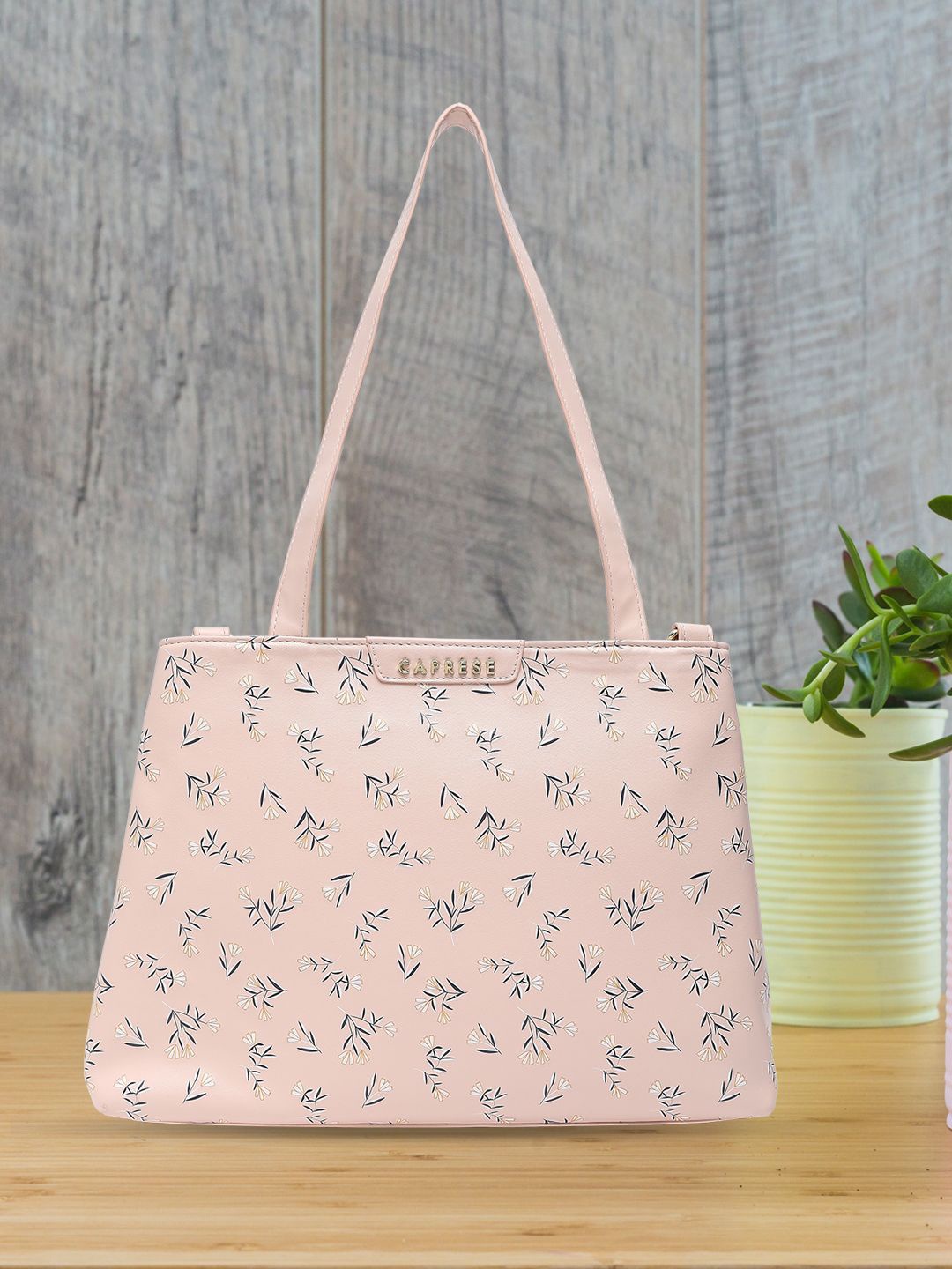 Caprese Women Solid PU Shopper Tote Bag with Cut Work, Peach