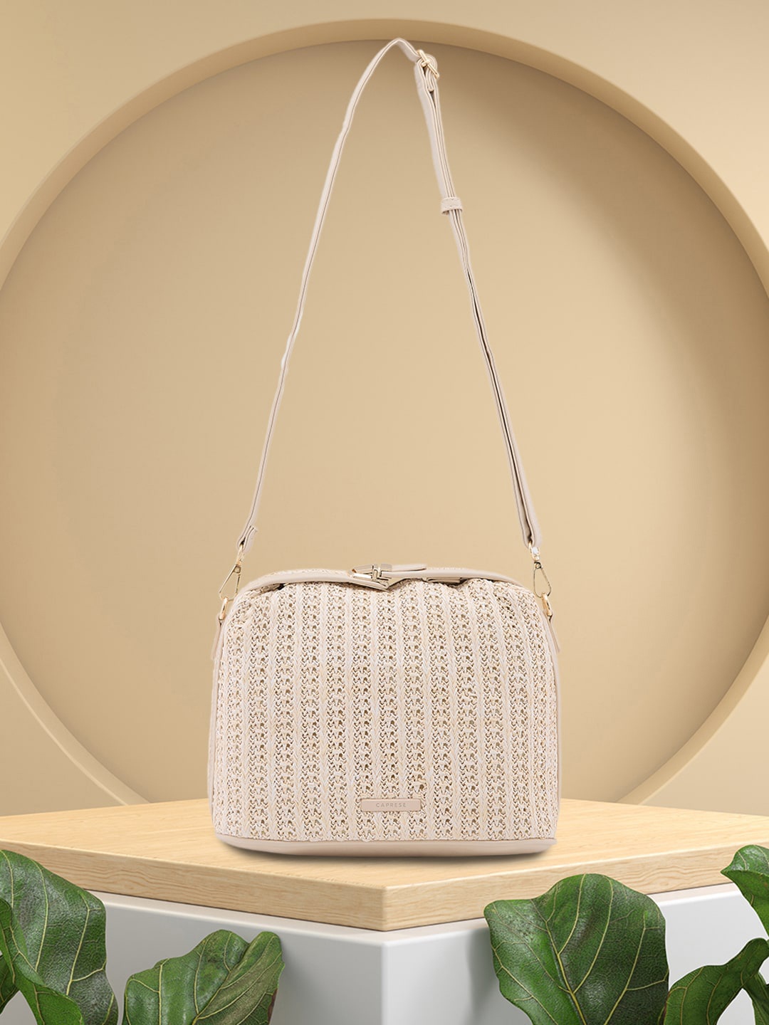 

Caprese Self Design Structured Jute Sling Bag, Beige