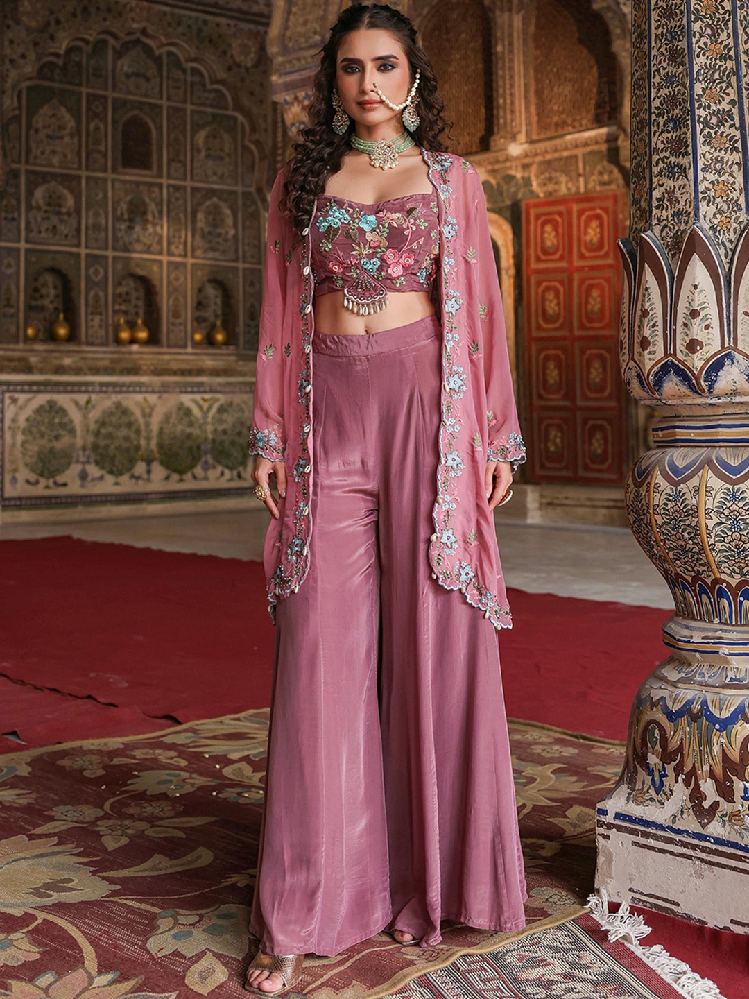 

SCAKHI Embroidered Crop Top With Cape & Palazzos Co-Ords, Mauve