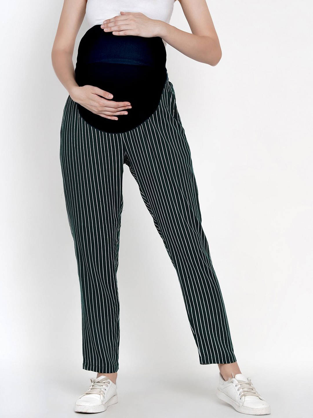 

Mine4Nine Women Striped Original Mom Fit Low-Rise Maternity Regular Trouser, Green