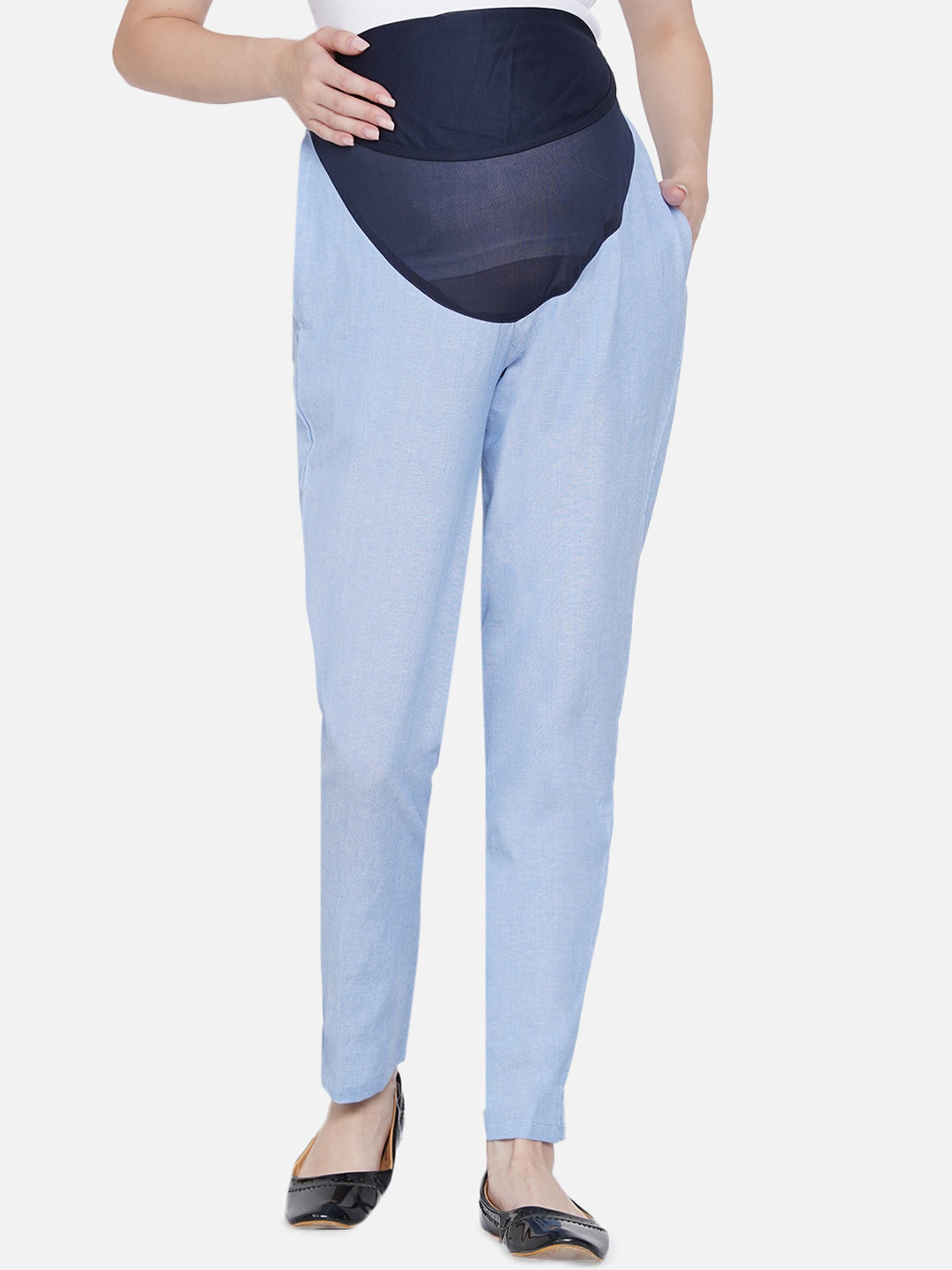 

Mine4Nine Women Original Mom Fit Easy Wash Maternity Trousers, Blue