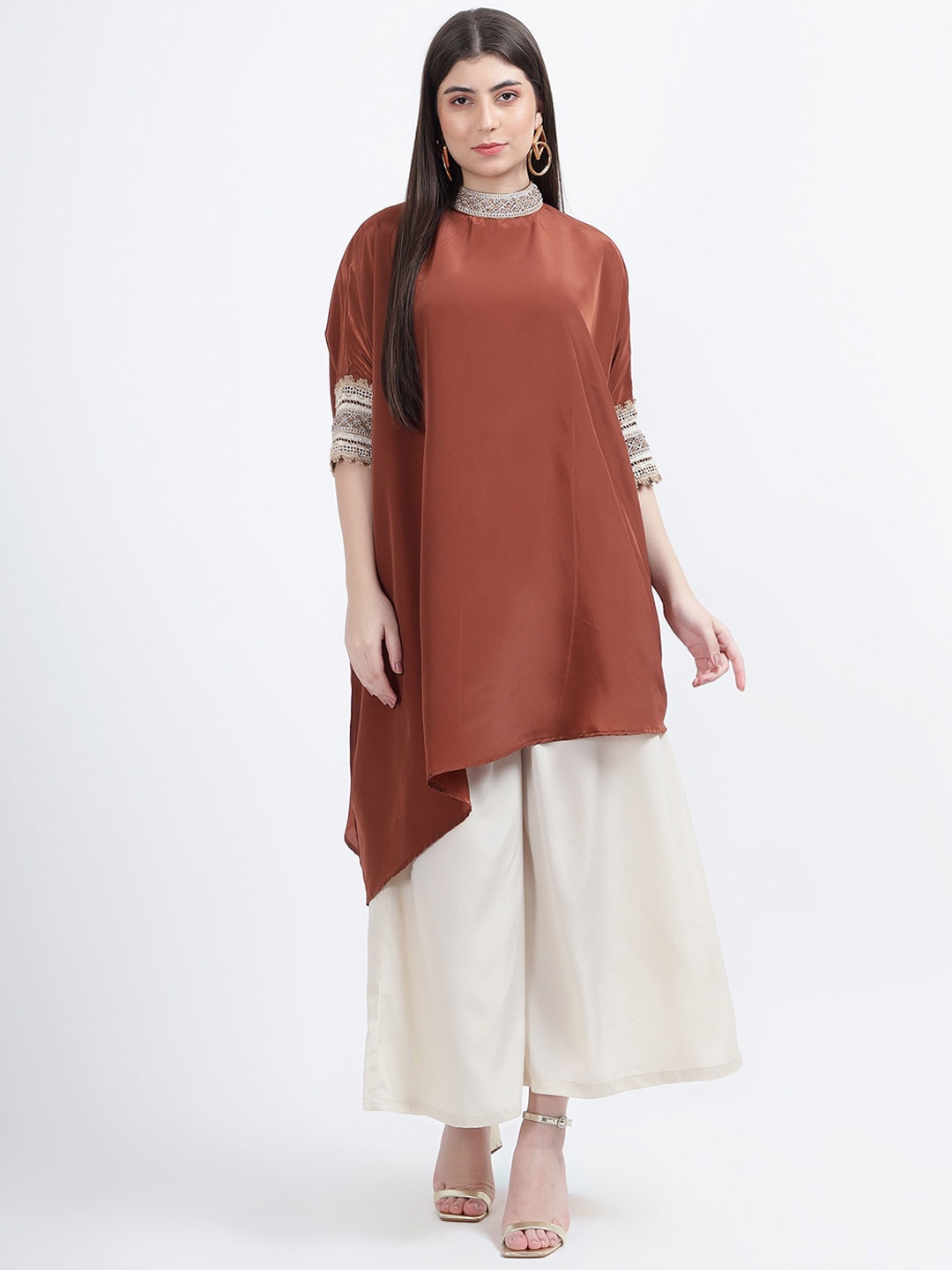 

DRAPE AND DAZZLE Women Embroidered High Neck Top With Solid Palazzos Co-Ords, Brown