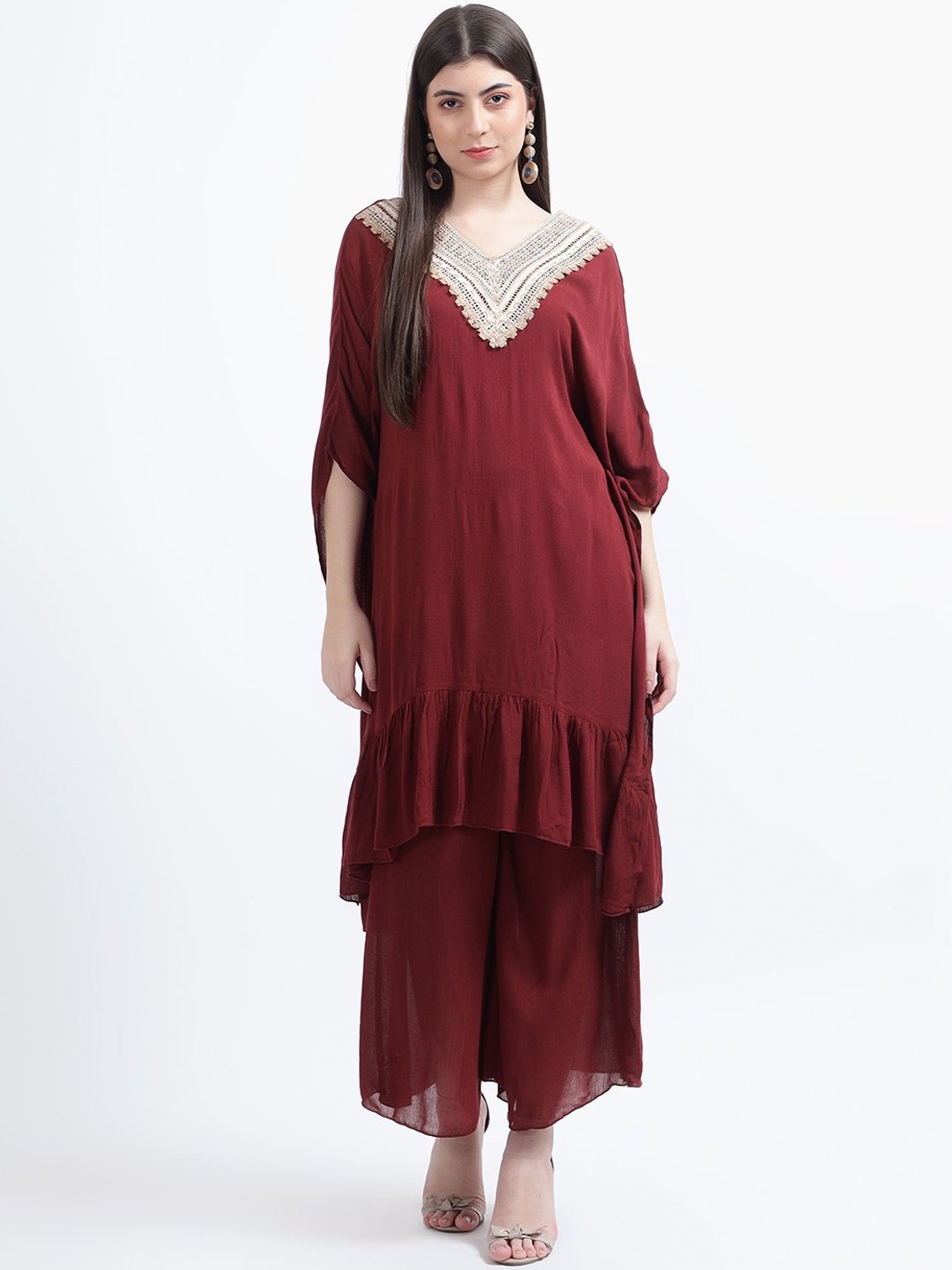 

DRAPE AND DAZZLE Women Lace Detail V-Neck Kaftan Top With Palazzos Co-Ords, Maroon