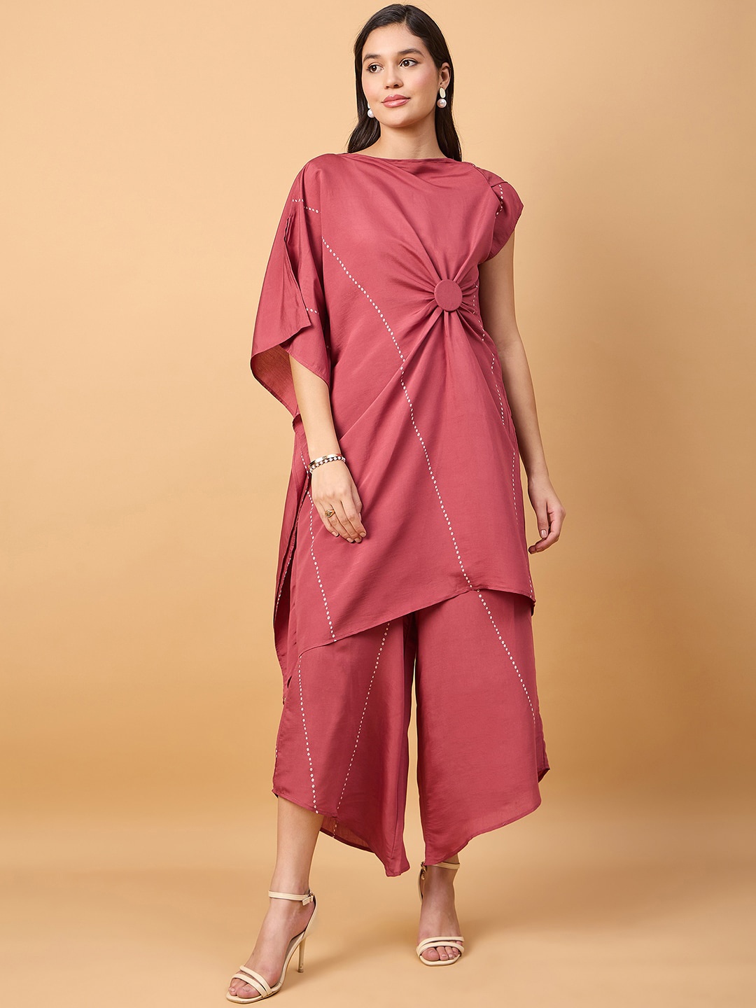 

DRAPE AND DAZZLE Women Boat-Neck Tunic With Flared Palazzos Co-Ords, Rose