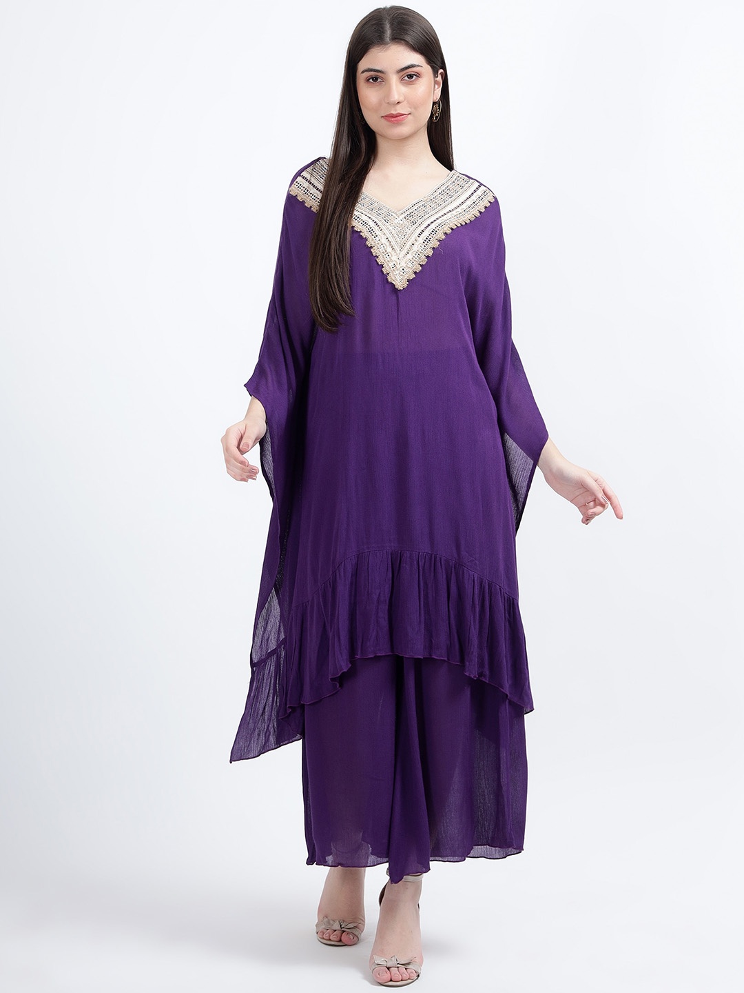 

DRAPE AND DAZZLE Women Lace Detail V-Neck Kaftan Top With Palazzos Co-Ords, Purple