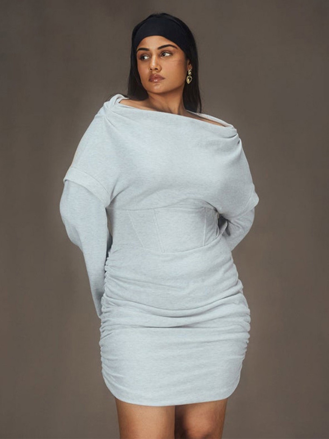 

Lea Clothing Co. Off Shoulder Long Flared Sleeves Bodycon Dress, Grey