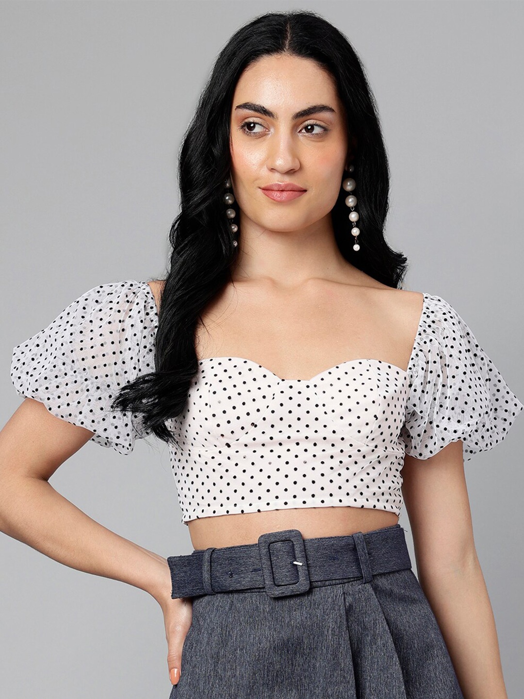 

I Love She Polka Dot Print Sweetheart Neck Flared Sleeve Net Crop Top, White