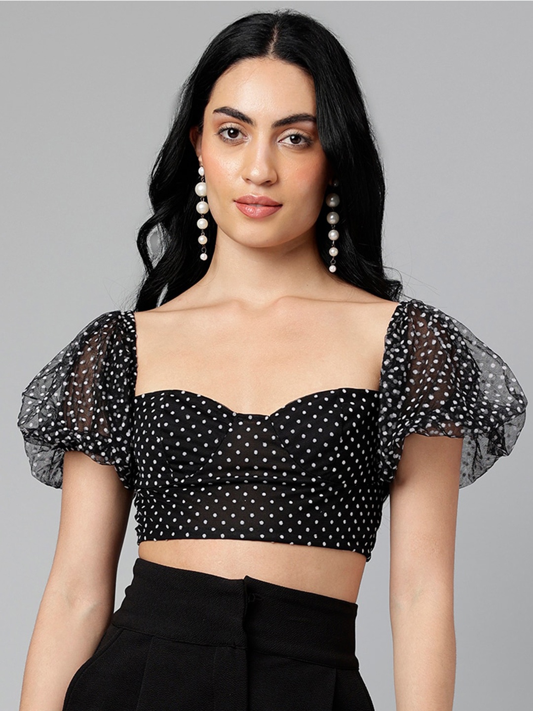 

I Love She Polka Dot Printed Sweetheart Neck Puff Sleeve Net Crop Top, Black