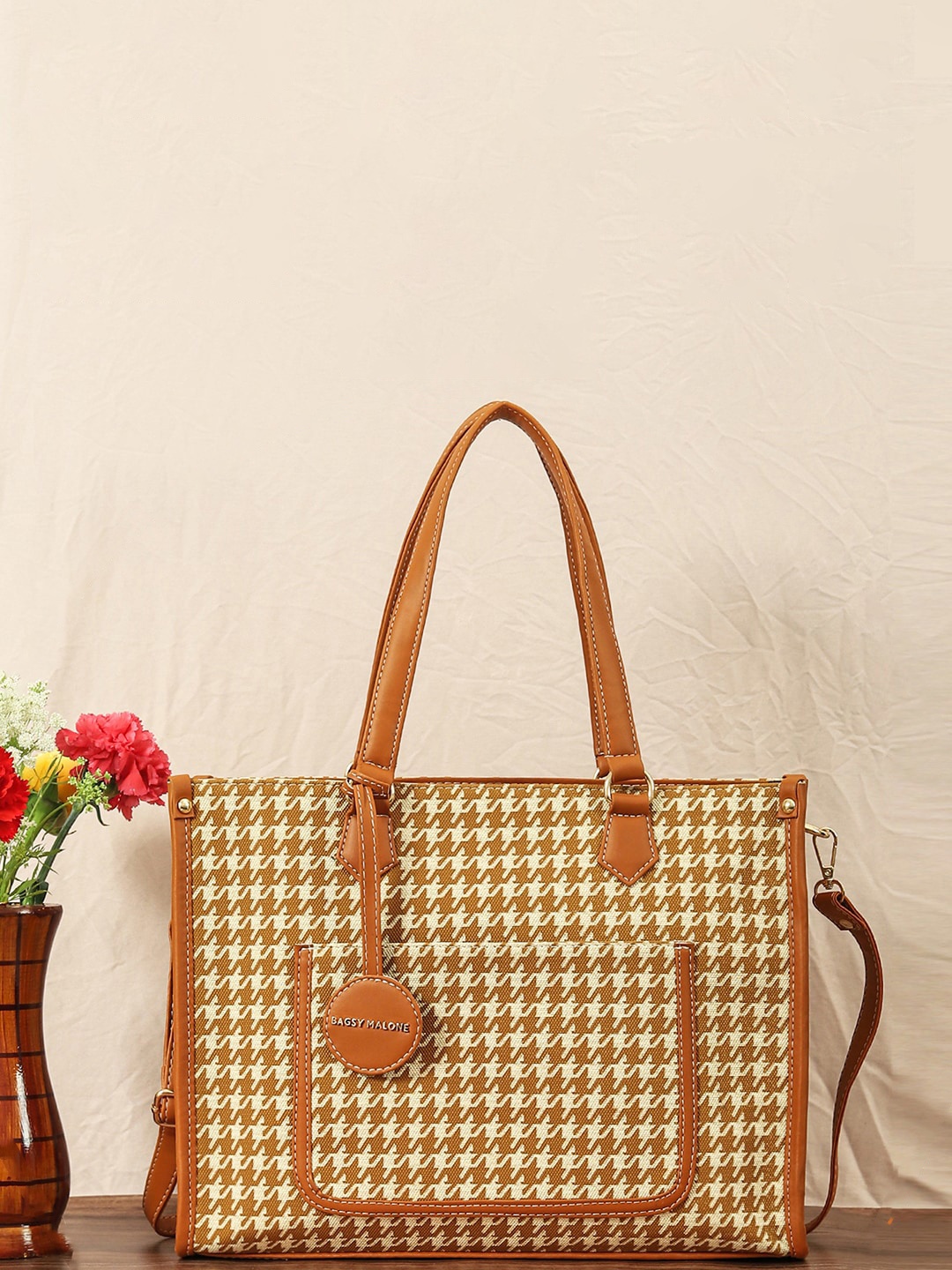 

Bagsy Malone Women Printed PU Structured Tote Bag, Beige