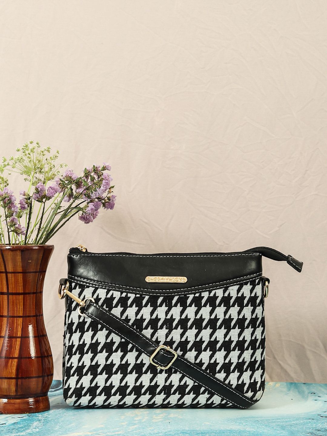 

Bagsy Malone Geometric Printed Structured Sling Bag, Black
