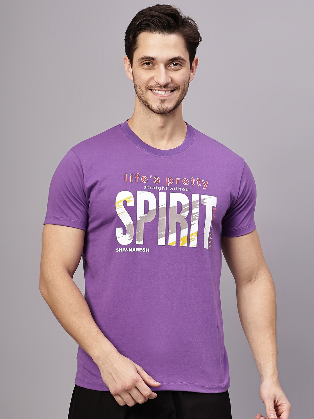 

Shiv Naresh Round Neck Typography Printed Slim Fit Cotton T-shirt, Purple