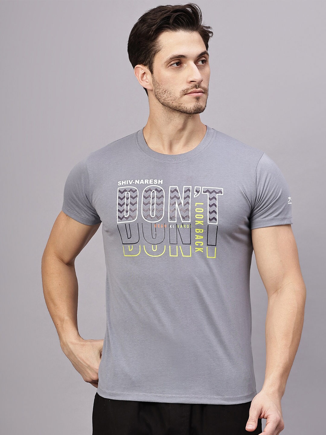 

Shiv Naresh Round Neck Typography Printed Slim Fit Cotton T-shirt, Grey