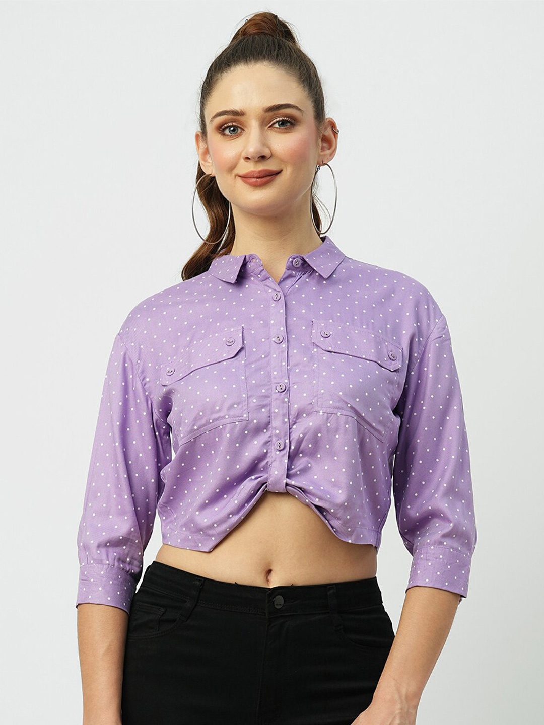 

Kraus Jeans Polka Dots Spread Collar Three-Quarter Sleeves Casual Crop Shirt, Lavender