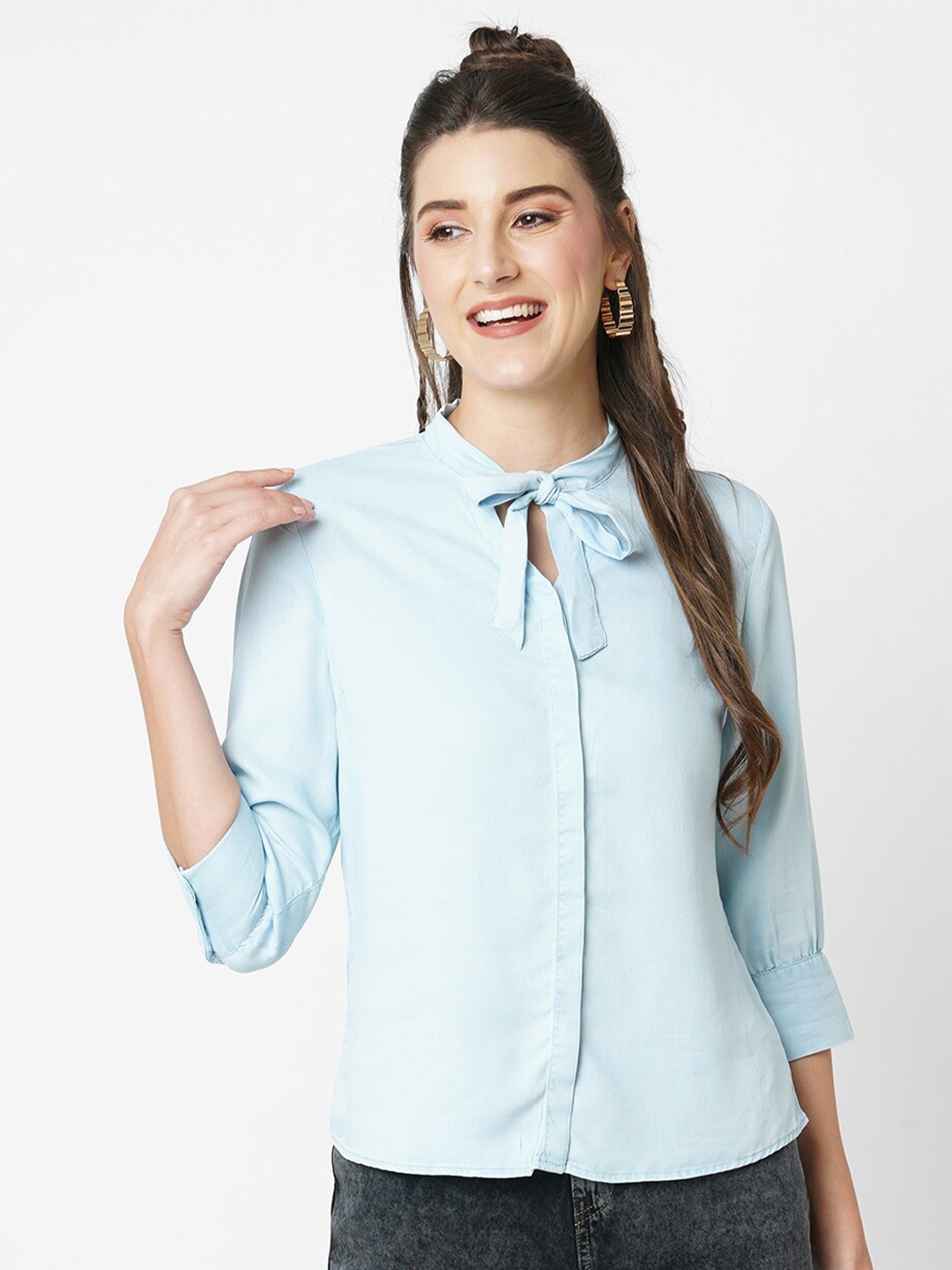 

Kraus Jeans Tie-Up Neck Three-Quarter Sleeves Casual Top, Blue