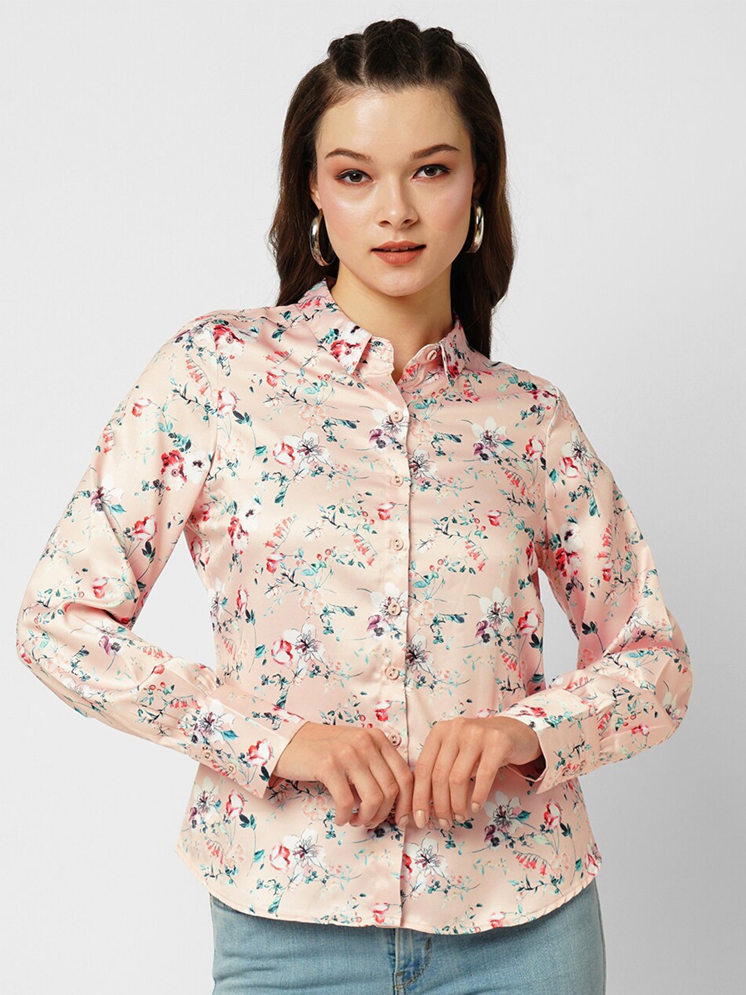 

Kraus Jeans Floral Printed Spread Collar Casual Shirt, Peach