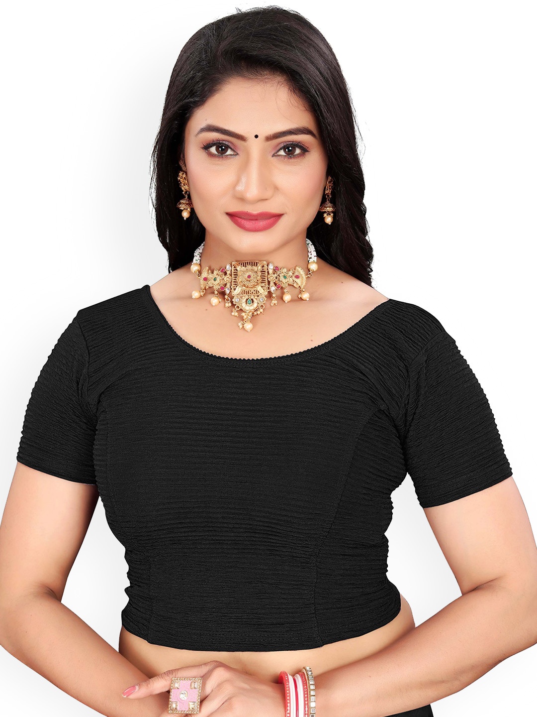 

RUNAYA NX Round-Neck Short Sleeve Saree Blouse, Black