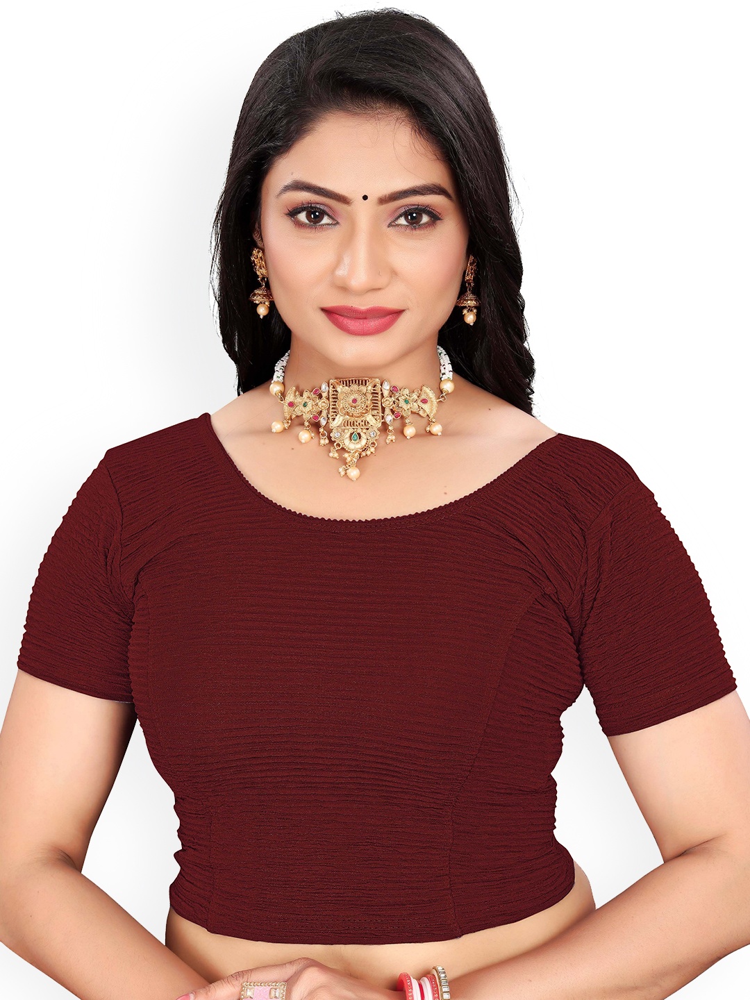 

RUNAYA NX Woven Design Round Neck Saree Blouse, Maroon