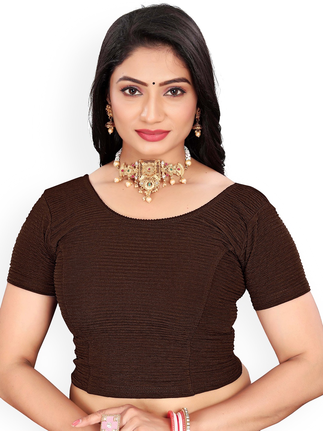 

RUNAYA NX Round Neck Saree Blouse, Brown