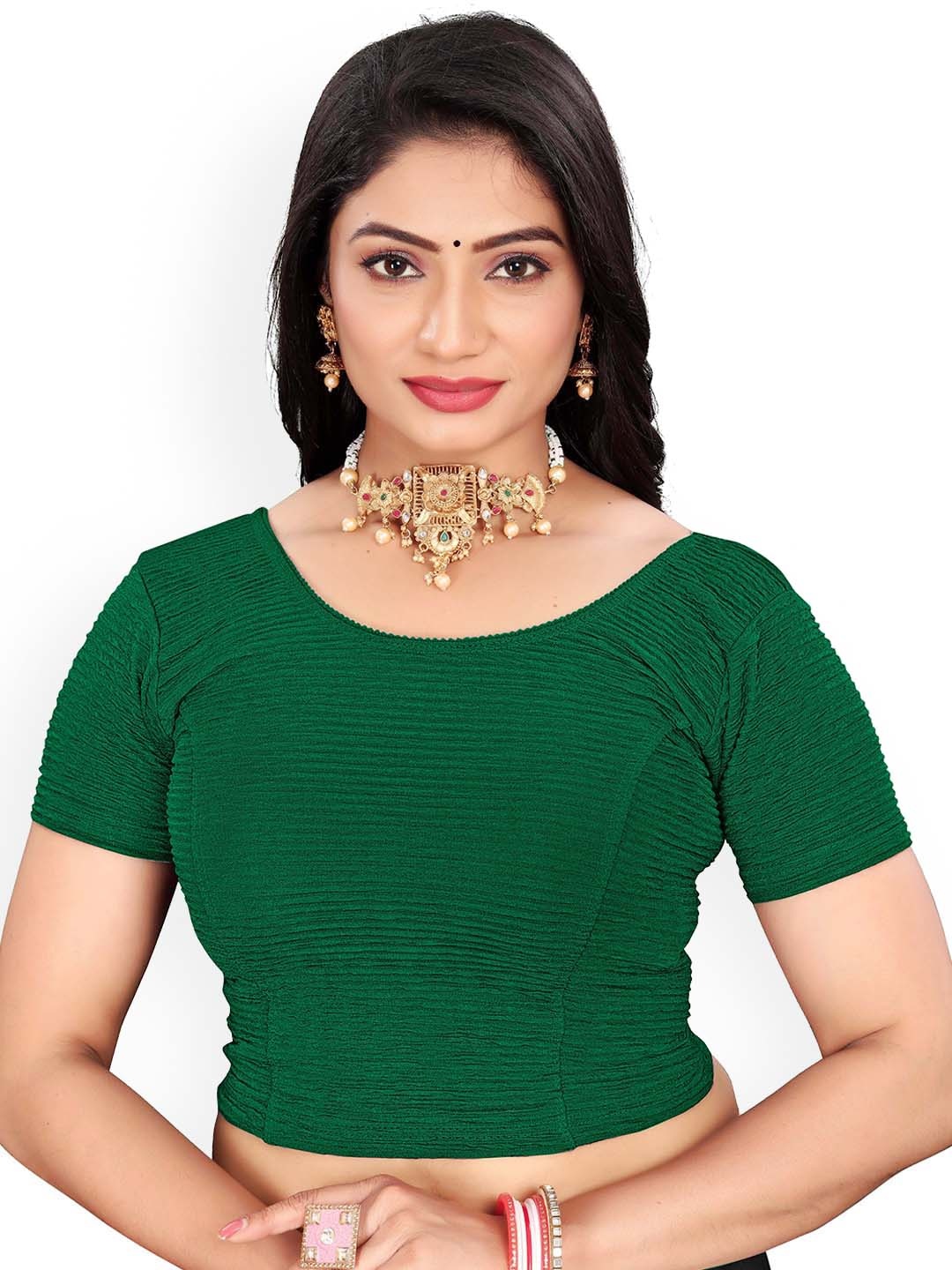

RUNAYA NX Woven Design Round Neck Saree Blouse, Green